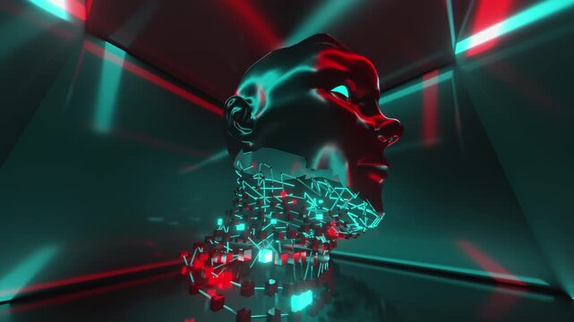 Abstract Human Head VJ Loop, Cyberpunk Face with Neon Red and Blue Lighting for Club Stage Screens