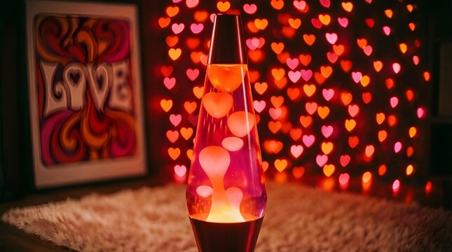 Retro lava lamp glowing with warm liquid motion and heart bokeh lights - Powered by Adobe