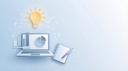 Innovative business ideas on laptop with notebook and lightbulb
