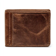 Close-up of a brown leather bi-fold wallet. The weathered texture and detailed stitching provide a premium and durable feel