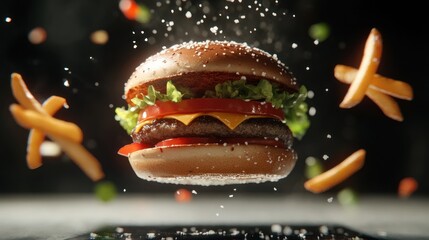 A hamburger and french fries in mid-air, surrounded by splashes and seasonings