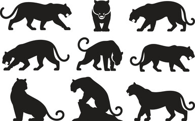 Wild animal silhouette icon set, panther and big cat action poses, flat black vector illustration isolated on white background