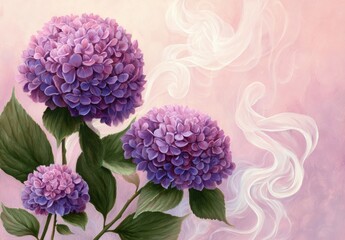Close-up illustration of three vibrant purple hydrangea blooms with green leaves and a soft, smoky, pink background