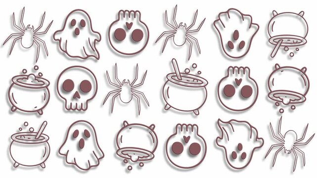 Halloween outline pattern on white background with spooky icons set