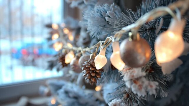 Festive garland with pine cones and golden baubles decorating a snowy fir tree branch
