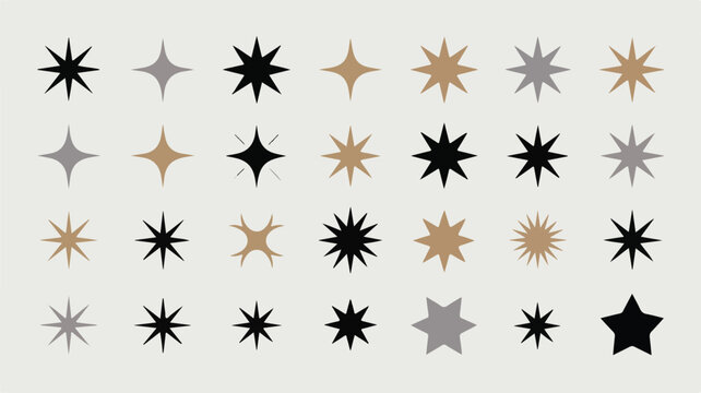 A collection of 25 star and sparkle icons arranged in a 5x5 grid on a white background.  
