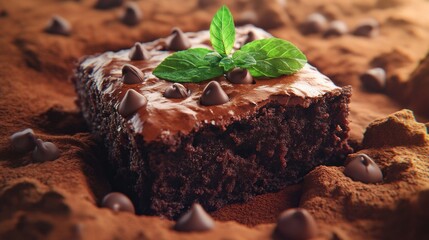 Delicious chocolate brownie with mint leaves and chocolate chips on cocoa powder.