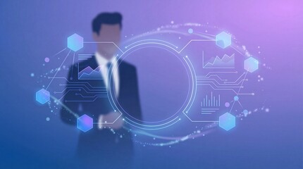 Businessman interacting with futuristic data visualization dashboard