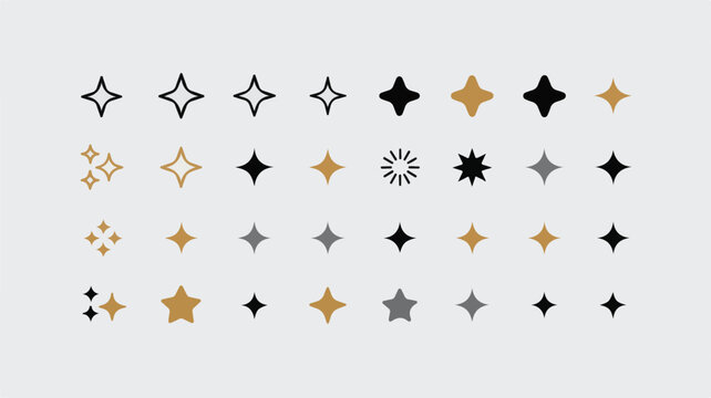 A collection of 25 star and sparkle icons arranged in a 5x5 grid on a white background.  