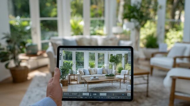 Person planning home renovation via tablet, living room design with stylish sofa and fireplace visible, augmented reality interface blending digital and real perspectives