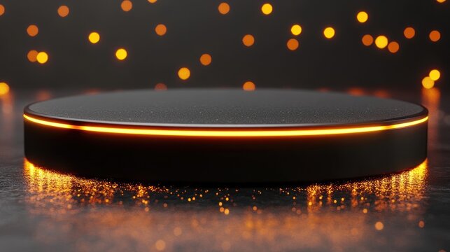 Dark, circular,  product display podium with glowing orange edge