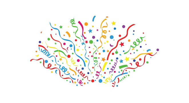 A vibrant burst of colorful confetti and streamers creates a festive and celebratory atmosphere