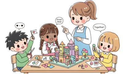 Children engaged in collaborative craft activity making colorful cityscape model together