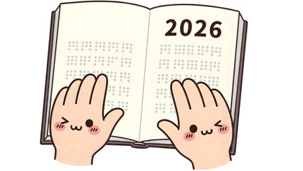 Cartoon hands hold up an open book with 2026 date in a graphic style