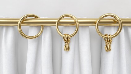 Close-up of a drapery set. A gold rod with three hanging rings attached to a white curtain. Subtle shadow adds depth