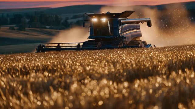 Powerful modern combine photographed from below as it cuts a path through shimmering wheat, the sky blazing in deep sunset oranges; floating chaff creates glowing patterns in the w