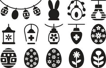 Easter icon set, Easter symbols collection, spring holiday elements, flat black vector illustration isolated on white background
