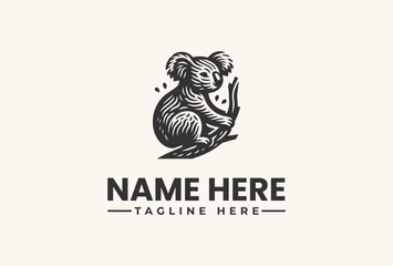 A black and white illustration of a koala sitting on a branch with a placeholder name and tagline on a beige background, featuring a logo and vector graphic design elements.