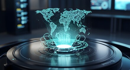 a futuristic visualization of the world glowing with digital energy emanating from a high tech circular device in a darkened server room