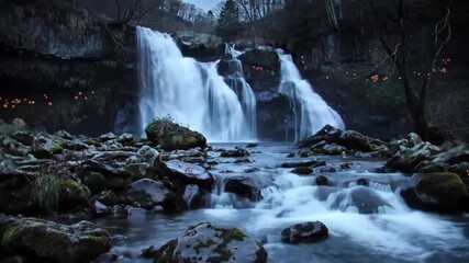 Cascading waterfall in forest, flowing into stream, with illuminated flowers for serene travel blogs