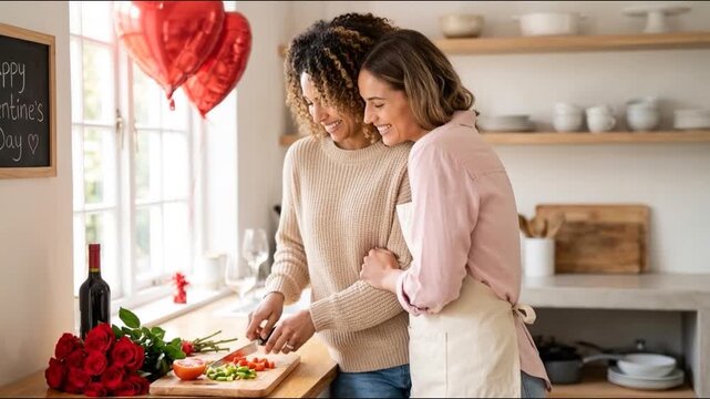A loving LGBT couple preparing a romantic Valentine&rsquo;s Day meal together at home, sharing an intimate and joyful moment filled with love and connection.