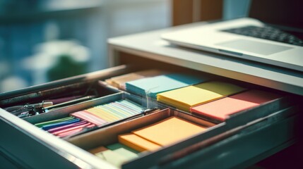 Organized office drawer with colorful sticky notes and pens for productivity and efficiency,Get Organized Month