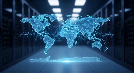 A futuristic depiction of a global network infrastructure showcases a world map suspended within a server room environment highlighting connectivity