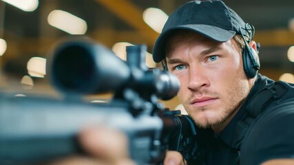 Rifle marksman at a shooting range, hands firmly on weapon, cap and ear protection on, aiming carefully at target, indoor lighting highlighting his focused expression