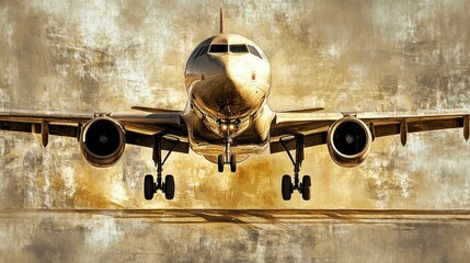 Golden airplane descending runway, textured background