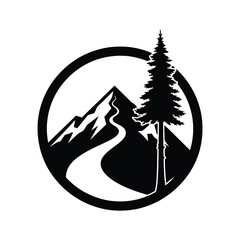 Minimalist circular mountain and pine tree logo, nature landscape with winding road vector.