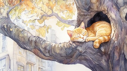Ginger cat sleeps in tree hollow, autumnal city view