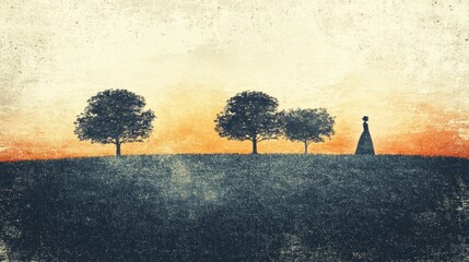 Silhouetted trees on a textured, sunrise landscape