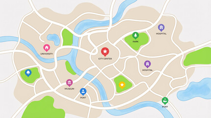 Urban navigation: Explore an illustrated city map with key landmarks, symbols guiding your journey through this stylized urban landscape. Navigate the city to discover the destination