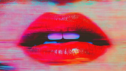 Close-up of vibrant red lips with digital distortion