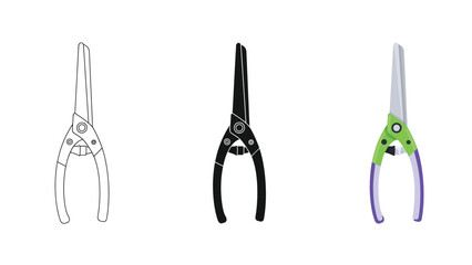 Pairs of Scissors Vector Set in Three Styles — Line Art, Silhouette and Color Version