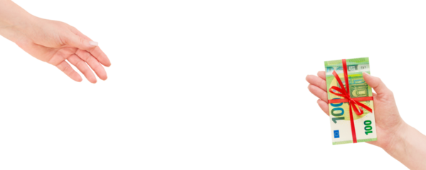 Female hand gives to another female euro banknote money cash with red ribbon and bow isolated in white background with clipping path. Design element. US Dollars money as a gift, win or bonus concept.