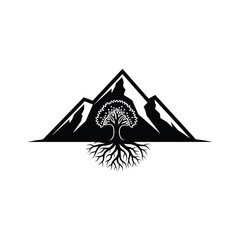 Minimalist mountain and tree with roots vector, nature balance silhouette illustration.