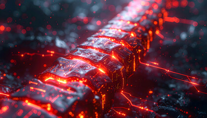Cybernetic spine with integrated microchips and energy conduits glowing red lines in sci fi design