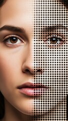 human face transition from realistic skin texture to black halftone dots for beauty blogs, digital art websites, skincare articles, and creative design presentations on a studio background.