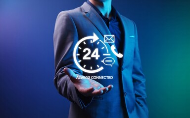 Man in Suit Presents 24 Hour Connectivity Icons with Always Connected Text business hand