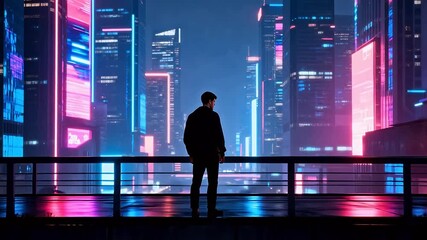 Person standing on bridge at night in city