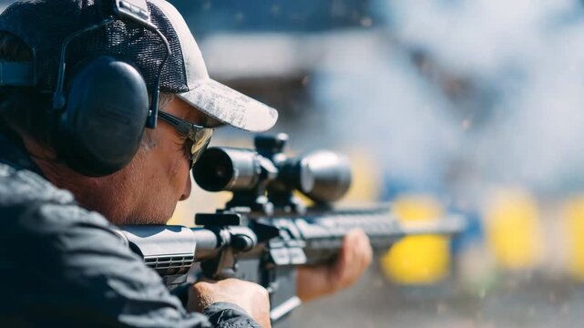 Side-profile of man holding rifle at shooting range, ears muffed, glasses and cap in place, line of sight on target, highlighting the disciplined posture of a competitive shooter