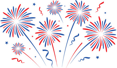 Red and Blue Fireworks Bursting with Stars and Ribbons on White Background celebration © MstRezia