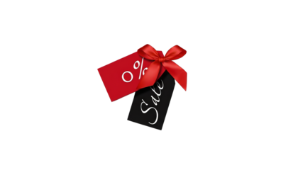 Elegant sale tags tied with a red ribbon, conveying a sense of promotion and special offers.