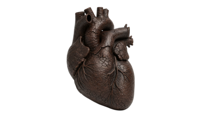 Anatomical heart with a cracked, earthy texture stands against a simple, clean background.
