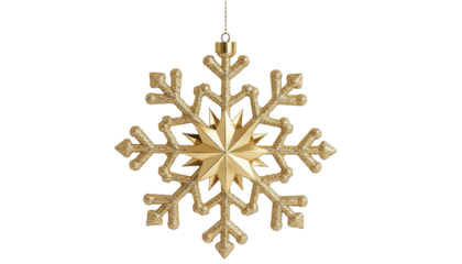 A golden glitter snowflake ornament hangs, its many points radiating, against a dark background.