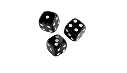 Three glossy black dice with white dots elegantly isolated against a stark and void background.