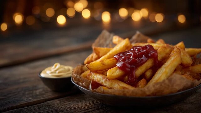 Stack of golden fries in metal bowl with paper liner, smothered in rich ketchup, creamy mayonnaise dip on side, warm lighting and crispy textures for mouthwatering fast food imager