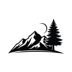 Minimalist mountain peak with fir tree and crescent moon vector, night nature landscape illustration.
