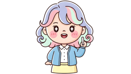 A cartoon girl with colorful hair and a blue jacket smiles and gestures